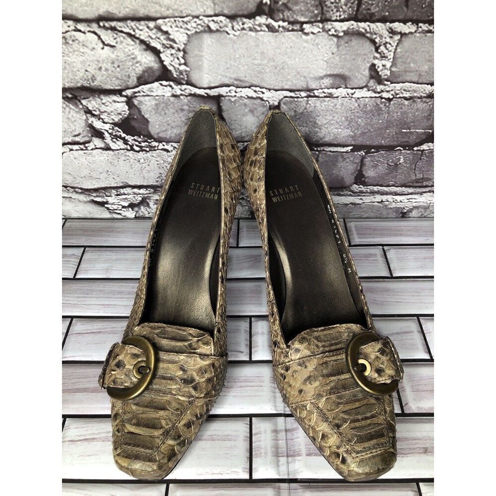 Stuart Weitzman Brown Taupe Leather Python Square… - image 3